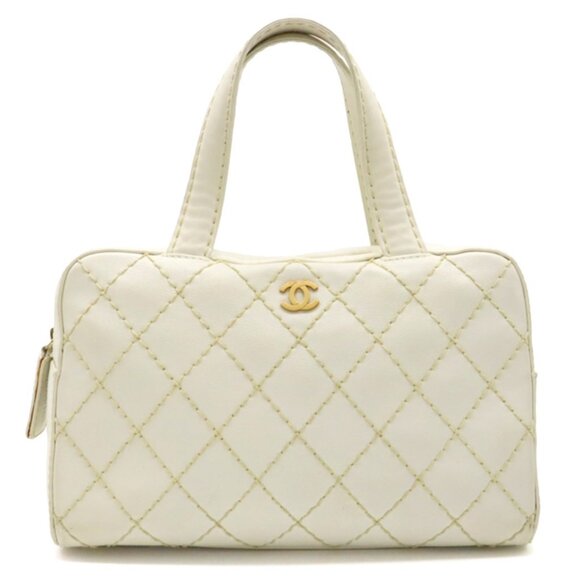 Authentic CHANEL CC Wild Stitch Vintage Quilted Bowler Hand Bag Tote Lambskin - Picture 1 of 11